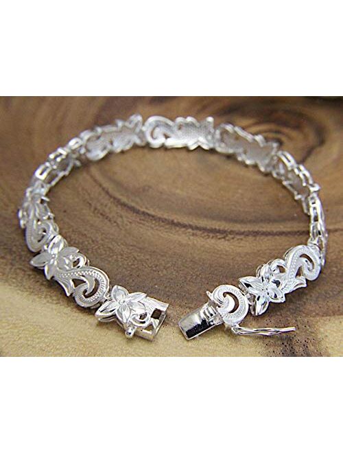 Arthur's Jewelry 925 Sterling Silver Hawaiian Plumeria Flower Scroll Cut Out Bracelet 7"