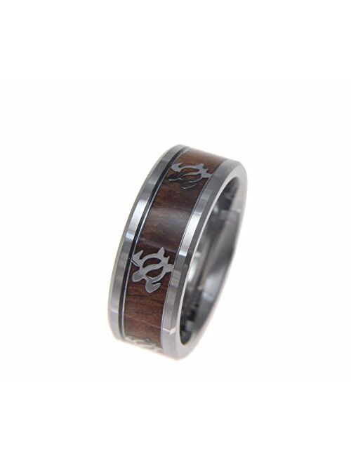 Arthur's Jewelry Genuine Inlay Hawaiian koa Wood Band Ring Honu Turtle Tungsten Comfort fit 8mm Size 6 to 14