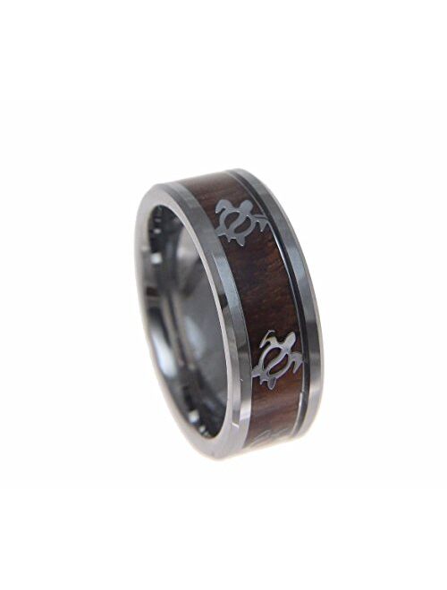 Arthur's Jewelry Genuine Inlay Hawaiian koa Wood Band Ring Honu Turtle Tungsten Comfort fit 8mm Size 6 to 14