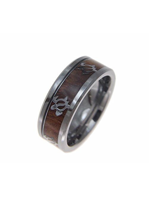 Arthur's Jewelry Genuine Inlay Hawaiian koa Wood Band Ring Honu Turtle Tungsten Comfort fit 8mm Size 6 to 14