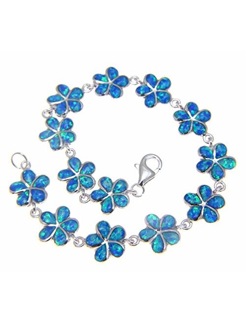 Arthur's Jewelry 925 Sterling Silver Blue Synthetic Opal Hawaiian 11mm Plumeria Flower Bracelet 7.5"