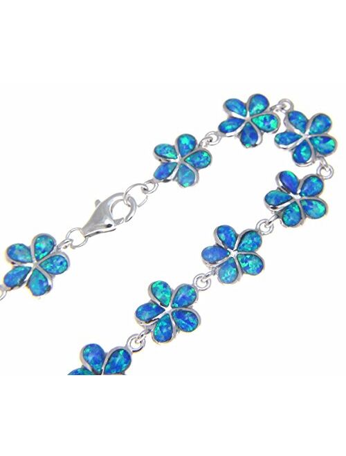 Arthur's Jewelry 925 Sterling Silver Blue Synthetic Opal Hawaiian 11mm Plumeria Flower Bracelet 7.5"