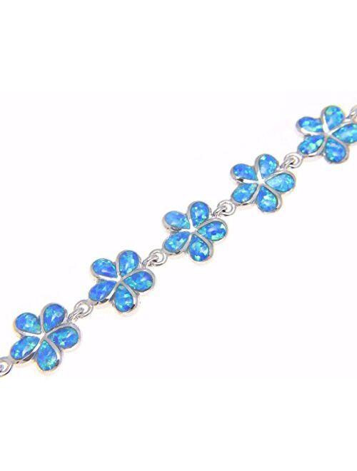 Arthur's Jewelry 925 Sterling Silver Blue Synthetic Opal Hawaiian 11mm Plumeria Flower Bracelet 7.5"