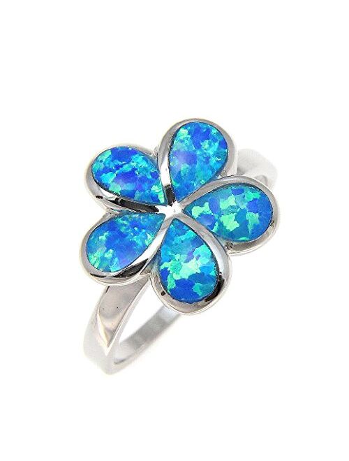 Arthur's Jewelry Sterling Silver 925 Hawaiian Plumeria Flower Blue Synthetic Opal Ring Size 5-10