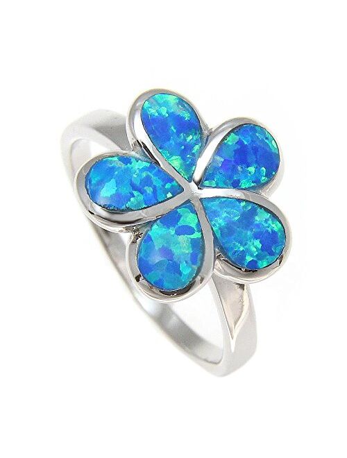 Arthur's Jewelry Sterling Silver 925 Hawaiian Plumeria Flower Blue Synthetic Opal Ring Size 5-10