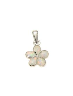 925 Sterling Silver White Synthetic Opal Hawaiian Plumeria Flower Pendant 12mm