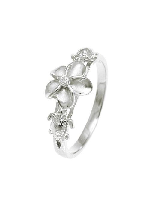 Arthur's Jewelry Sterling Silver 925 Hawaiian Plumeria Flower cz 2 Turtle Ring Rhodium Plated Size 3-10