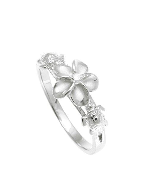 Arthur's Jewelry Sterling Silver 925 Hawaiian Plumeria Flower cz 2 Turtle Ring Rhodium Plated Size 3-10