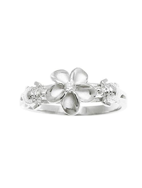 Arthur's Jewelry Sterling Silver 925 Hawaiian Plumeria Flower cz 2 Turtle Ring Rhodium Plated Size 3-10