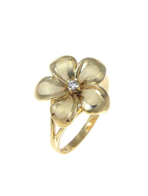 Arthur's Jewelry 14K solid yellow gold 15mm Hawaiian single plumeria flower cz ring