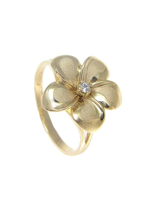 Arthur's Jewelry 14K solid yellow gold 15mm Hawaiian single plumeria flower cz ring