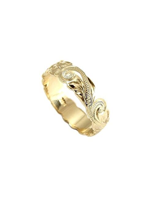 Arthur'S Jewelry 14K yellow gold hand engraved Hawaiian plumeria scroll band ring cut out 6mm