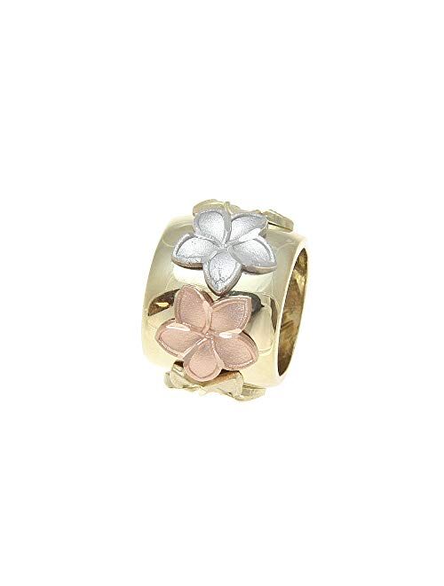 Arthur's Jewelry 14K Solid Yellow Rose White Tricolor Gold Hawaiian Plumeria lei Barrel Pendant