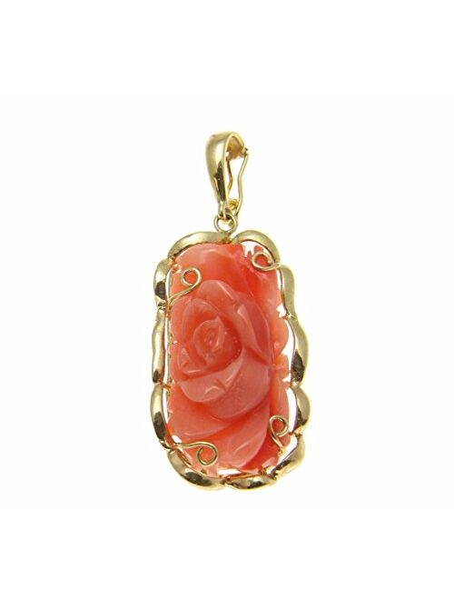 Arthur's Jewelry Genuine Natural Pink Coral Carved Flower Solid 14k Yellow Gold Pendant Enhancer