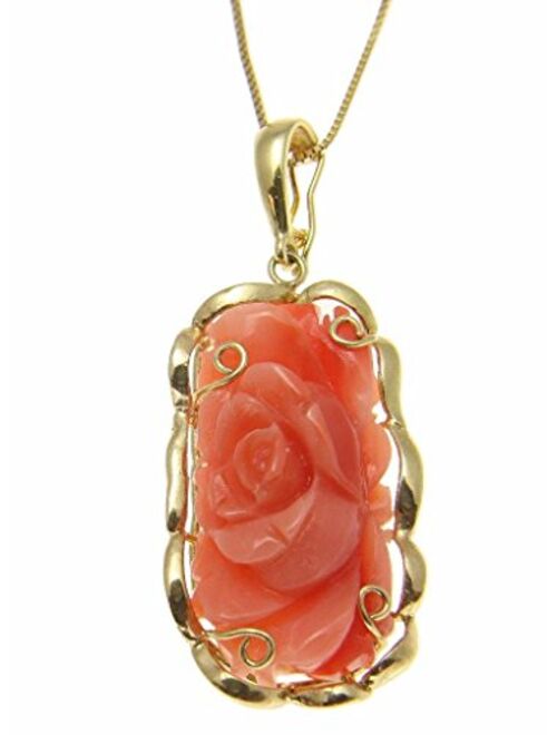 Arthur's Jewelry Genuine Natural Pink Coral Carved Flower Solid 14k Yellow Gold Pendant Enhancer