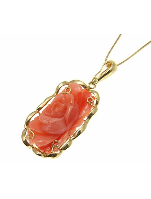 Arthur's Jewelry Genuine Natural Pink Coral Carved Flower Solid 14k Yellow Gold Pendant Enhancer