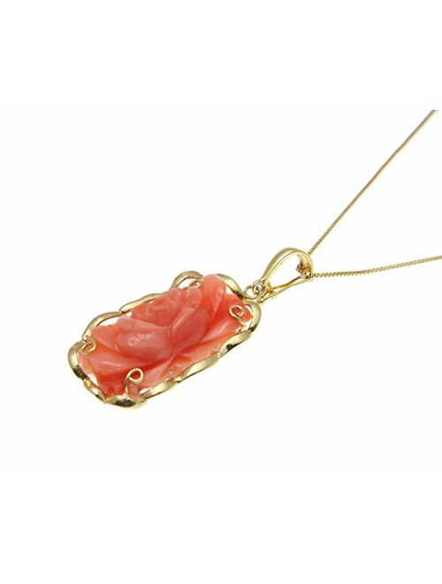 Arthur's Jewelry Genuine Natural Pink Coral Carved Flower Solid 14k Yellow Gold Pendant Enhancer