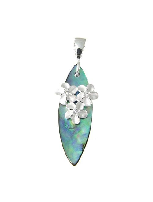 Arthur's Jewelry 925 Sterling Silver 3 Hawaiian Plumeria Flower cz Abalone paua Shell Surfboard Pendant