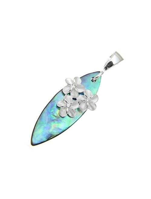 Arthur's Jewelry 925 Sterling Silver 3 Hawaiian Plumeria Flower cz Abalone paua Shell Surfboard Pendant