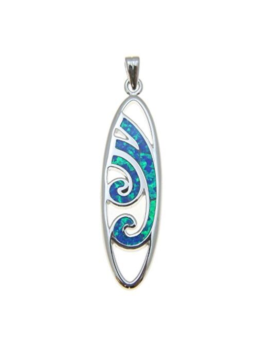 Arthur's Jewelry 925 Sterling Silver Hawaiian Blue Synthetic Opal Ocean Wave Surfboard Pendant