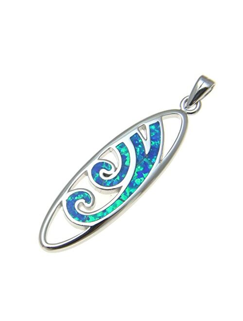 Arthur's Jewelry 925 Sterling Silver Hawaiian Blue Synthetic Opal Ocean Wave Surfboard Pendant