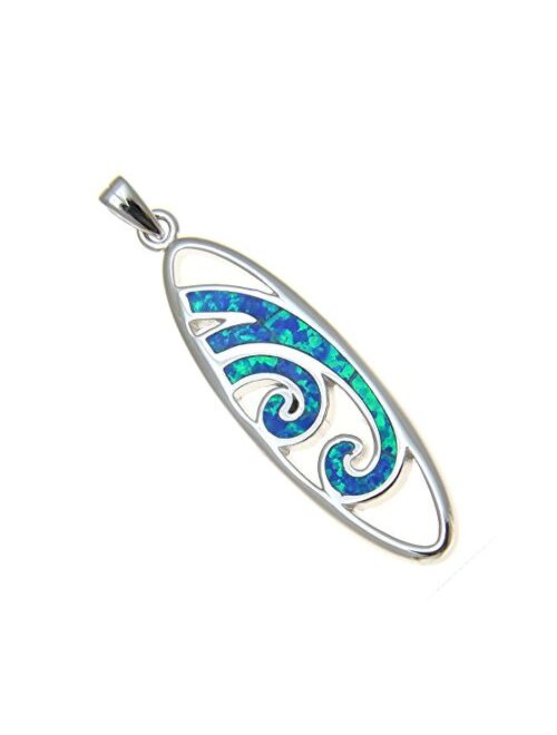 Arthur's Jewelry 925 Sterling Silver Hawaiian Blue Synthetic Opal Ocean Wave Surfboard Pendant