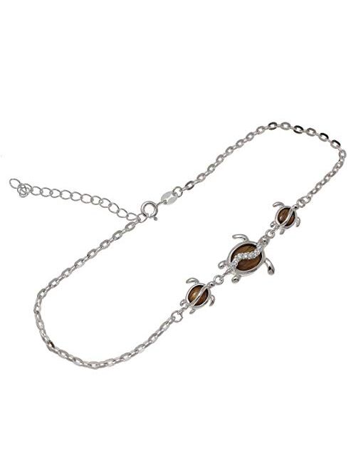 Arthur's Jewelry 925 Sterling Silver Hawaiian koa Wood cz Honu Turtle Anklet 9"+