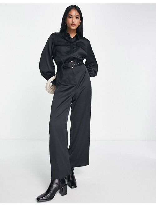 River Island wide leg puff sleeve satin jumpsuit in black