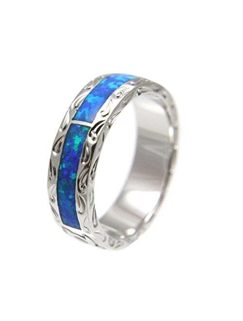 Arthur's Jewelry Sterling Silver 925 Synthetic Opal Hawaiian Honu Turtle Eternity Wedding Band Ring Unisex Size 5 to 12