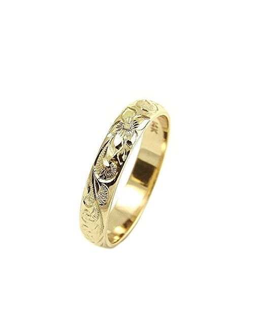 Arthur'S Jewelry 14K yellow gold custom hand engrave Hawaiian queen plumeria scroll band ring 4mm size 2 to 14