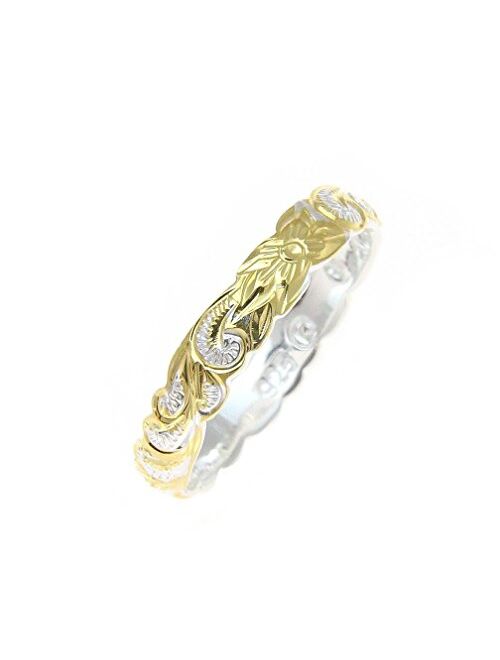 Arthur's Jewelry Sterling Silver 925 4mm 2tone Yellow Gold Plated Hawaiian Scroll Hand Engraved Cut Out Ring Band Size 1 to 11