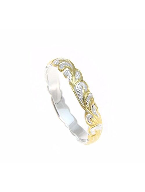 Arthur's Jewelry Sterling Silver 925 4mm 2tone Yellow Gold Plated Hawaiian Scroll Hand Engraved Cut Out Ring Band Size 1 to 11