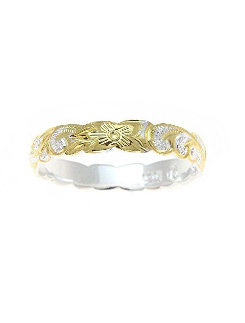 Arthur's Jewelry Sterling Silver 925 4mm 2tone Yellow Gold Plated Hawaiian Scroll Hand Engraved Cut Out Ring Band Size 1 to 11