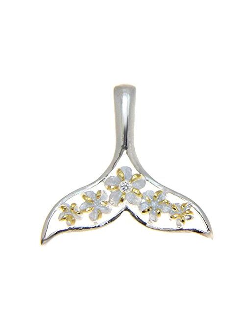 Arthur's Jewelry 925 sterling silver 2 tone yellow gold plated Hawaiian plumeria flower whale tail pendant