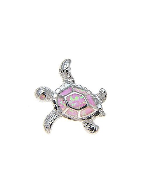 Arthur's Jewelry 925 Sterling Silver Hawaiian Honu sea Turtle Pink Synthetic Opal Slider Pendant 20mm