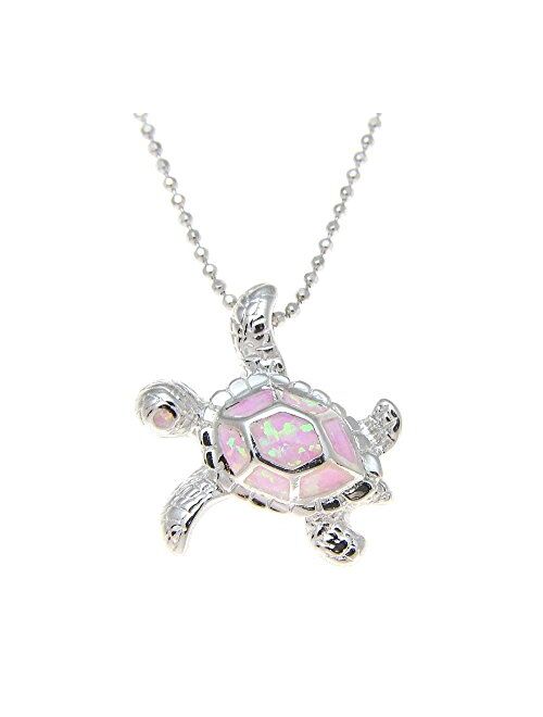 Arthur's Jewelry 925 Sterling Silver Hawaiian Honu sea Turtle Pink Synthetic Opal Slider Pendant 20mm