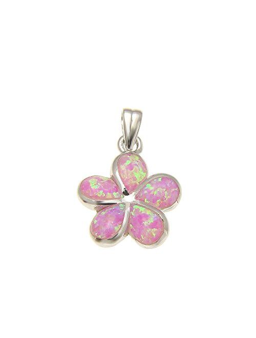 Arthur's Jewelry 925 Sterling Silver Pink Synthetic Opal Hawaiian Plumeria Flower Pendant 15mm