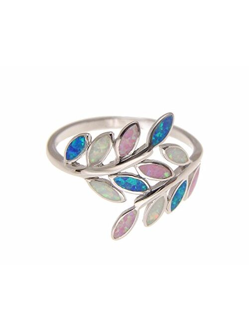 Arthur's Jewelry Blue White Pink Tricolor Inlay Synthetic Opal Ring Hawaiian Maile Leaf 925 Sterling Silver Size 5 to 10