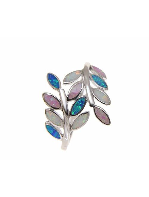 Arthur's Jewelry Blue White Pink Tricolor Inlay Synthetic Opal Ring Hawaiian Maile Leaf 925 Sterling Silver Size 5 to 10