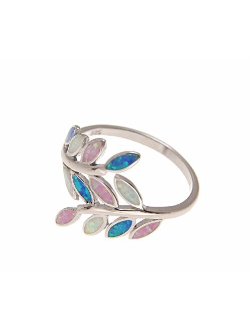 Arthur's Jewelry Blue White Pink Tricolor Inlay Synthetic Opal Ring Hawaiian Maile Leaf 925 Sterling Silver Size 5 to 10