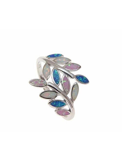 Arthur's Jewelry Blue White Pink Tricolor Inlay Synthetic Opal Ring Hawaiian Maile Leaf 925 Sterling Silver Size 5 to 10