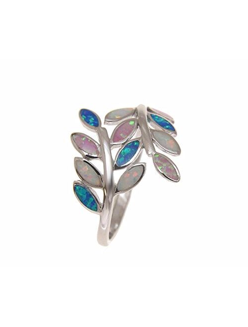 Arthur's Jewelry Blue White Pink Tricolor Inlay Synthetic Opal Ring Hawaiian Maile Leaf 925 Sterling Silver Size 5 to 10