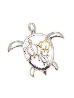 925 Sterling Silver Yellow Rose Gold Tricolor Plated Hawaiian 3 Honu in Large sea Turtle Slider Pendant
