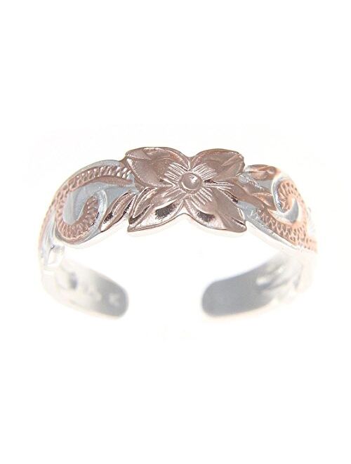 Arthur's Jewelry 925 Sterling Silver 2 Tone Pink Rose Gold Plated Hawaiian Plumeria Flower Scroll 6mm Cut Out Open Toe Ring