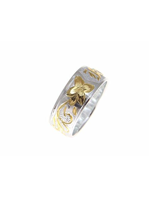 Arthur'S Jewelry 925 sterling silver Hawaiian plumeria flower scroll yellow gold plated kuuipo band ring smooth edge size 3 to 14