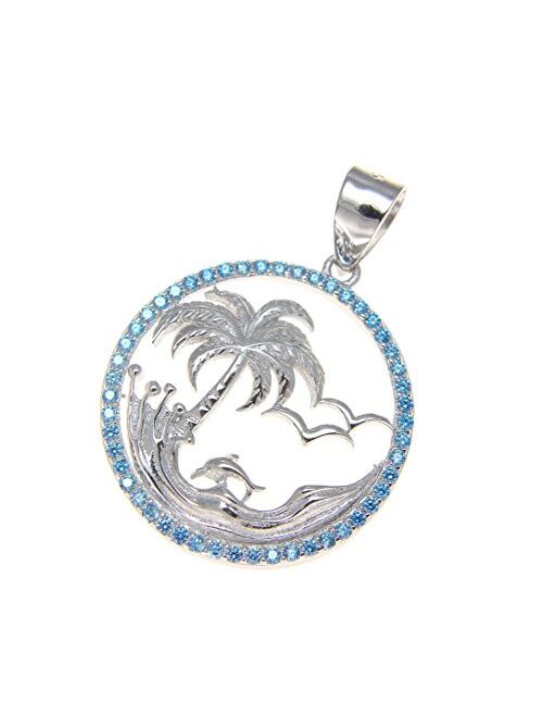 Arthur's Jewelry 925 Sterling Silver 0.75 ct Blue Topaz Hawaiian Palm Tree Dolphin Wave Pendant