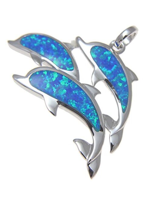 Arthur's Jewelry 925 Sterling Silver Hawaiian Triple 3 Dolphin Blue Synthetic Opal Pendant Charm