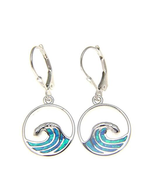 Arthur'S Jewelry 925 Sterling Silver Hawaiian ocean wave blue synthetic opal leverback earrings