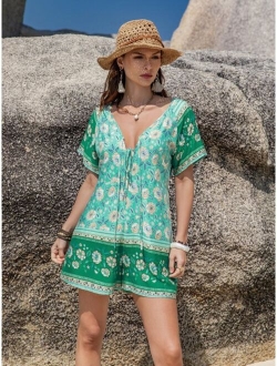 Rusttydustty Floral Print Knot Front Batwing Sleeve Romper