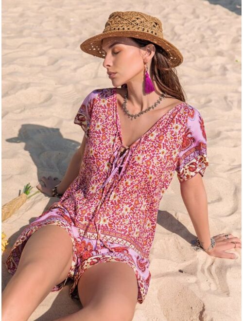 Rusttydustty Floral Print Knot Front Batwing Sleeve Romper